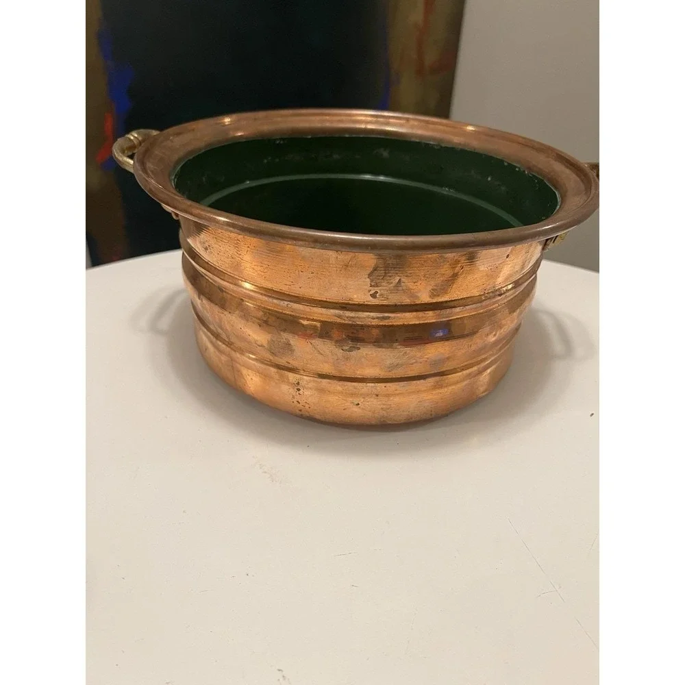 Vintage Copper Planter Cachepot Brass Handles